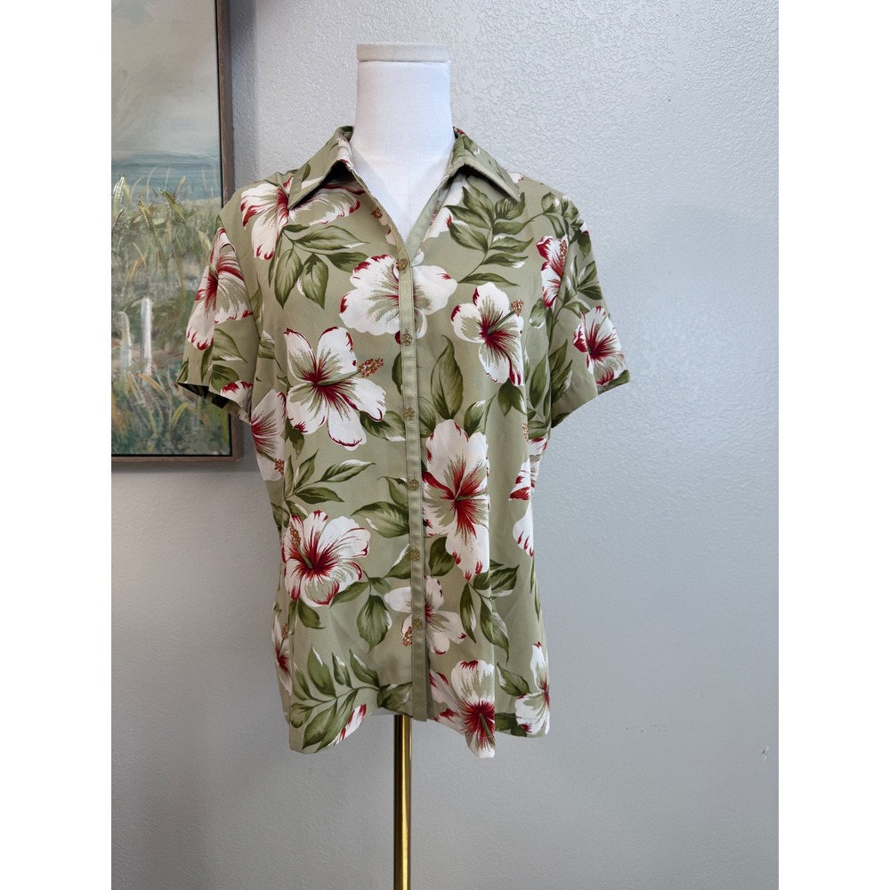 Judith Hart Collection Sage Green Hibiscus Floral Tropical Button Down Shirt 12